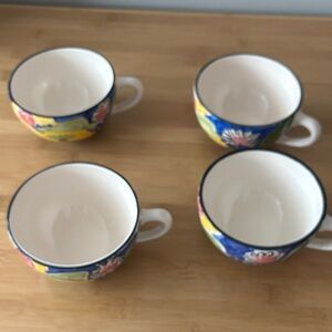 Hand-Painted Floral Ceramic Mugs in Blue and Yellow - Set of 4